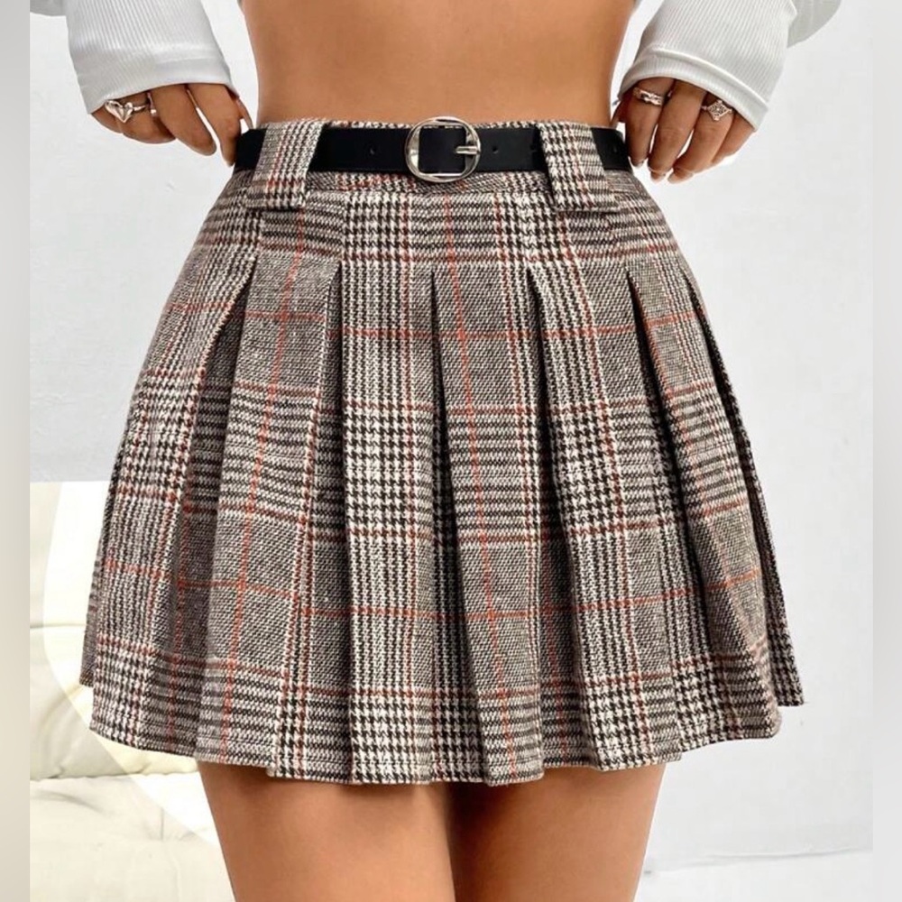 Brown Pleated Tweed plaid mini skirt with belt loops size XS - Picture 1 of 7